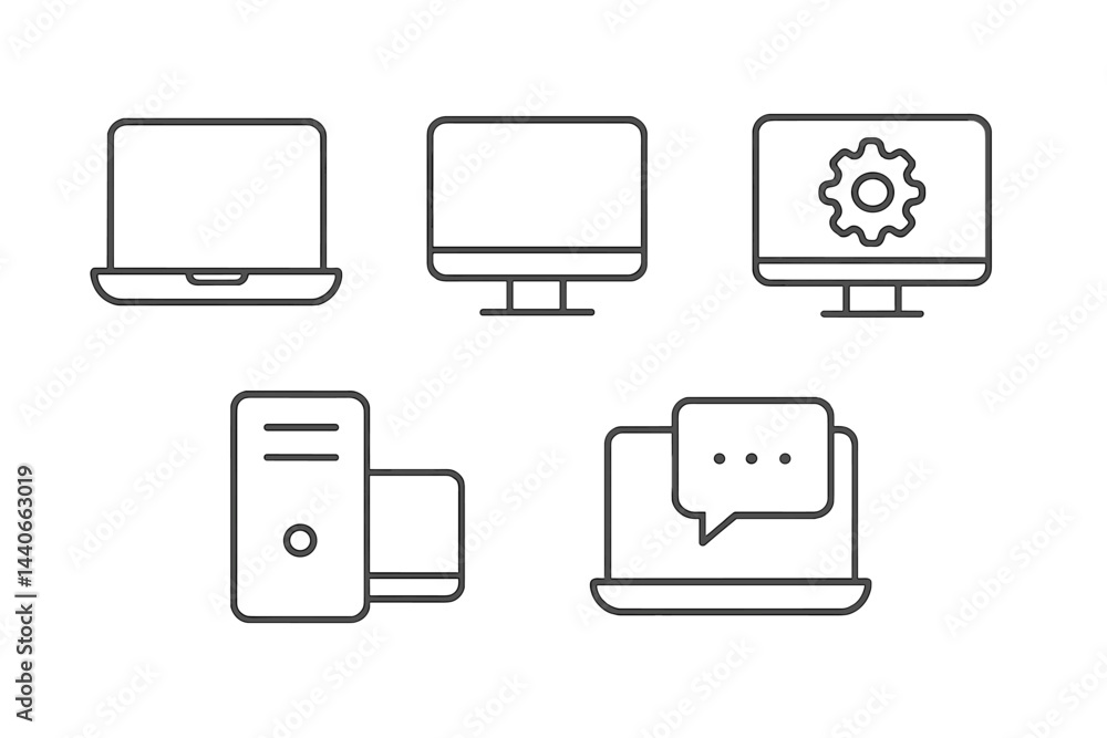 Poster computer devices and communication symbols displayed in a minimalistic style illustrating technology