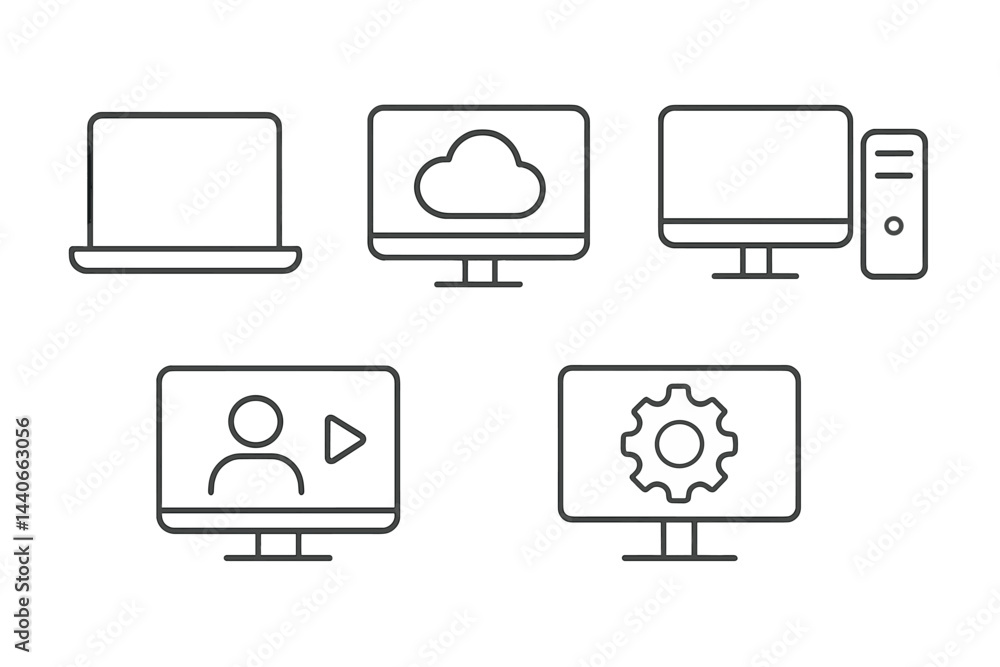 Poster collection of computer and technology icons illustrating various digital concepts and tools