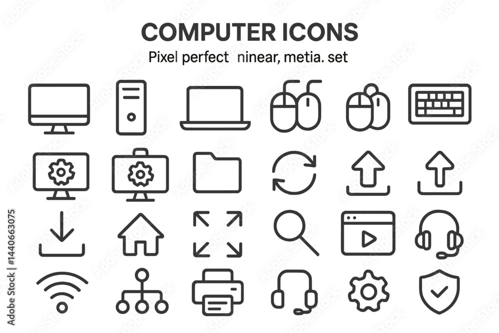 Poster collection of computer icons featuring various types of technology symbols designed in a minimalisti
