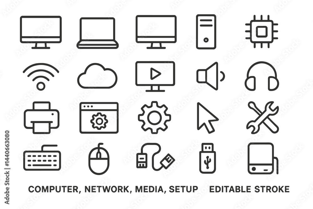 Poster various computer and networking icons depicting essential devices and activities for setup and media