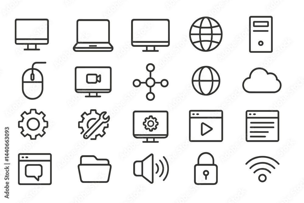 Poster icons representing various aspects of technology and digital activities in a minimalistic design