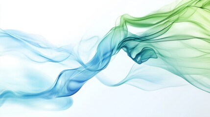 Blue and green abstract flowing smoke-like patterns on white background