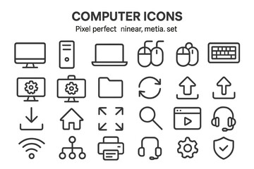 Collection of computer icons featuring various types of technology symbols designed in a minimalistic style perfect for digital projects