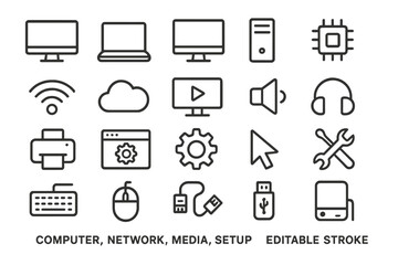 Various computer and networking icons depicting essential devices and activities for setup and media management