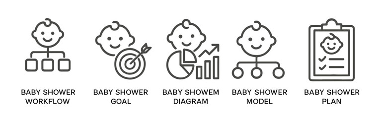 Various illustrations of baby shower planning elements including workflow, goals, diagrams, models, and plans for successful events