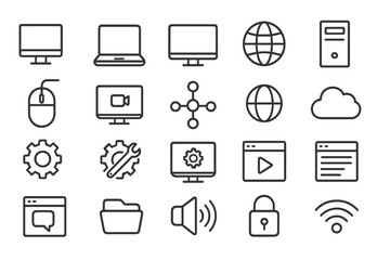 Icons representing various aspects of technology and digital activities in a minimalistic design