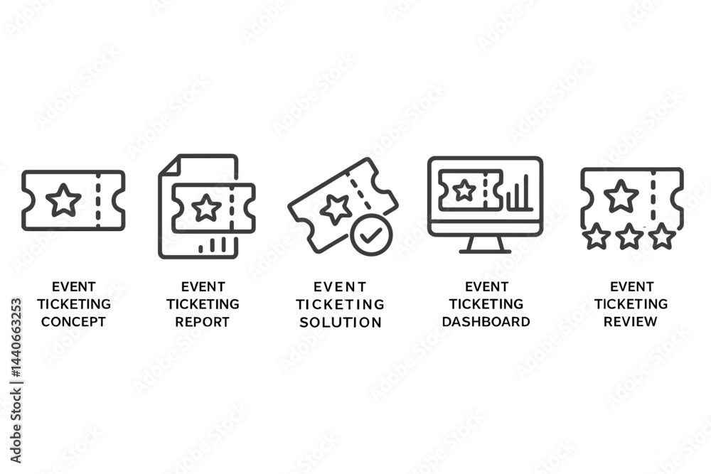 Poster event ticketing concepts and solutions illustrated with icons and design elements