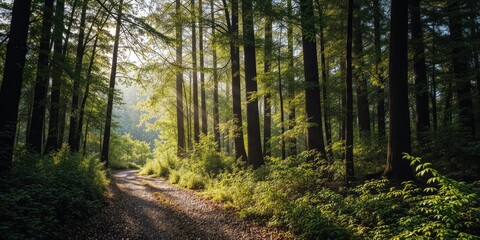 Naklejka premium Tranquil Forest Path Under Canopy