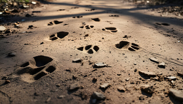 nimal paw prints in dry dirt trail with scattered leaves and dappled sunlight