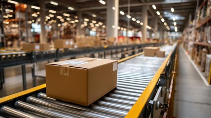 Cardboard box on conveyor in modern warehouse