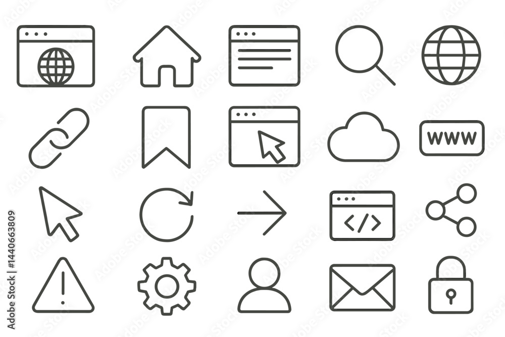 Poster collection of digital icons representing web navigation and communication elements in a minimalistic