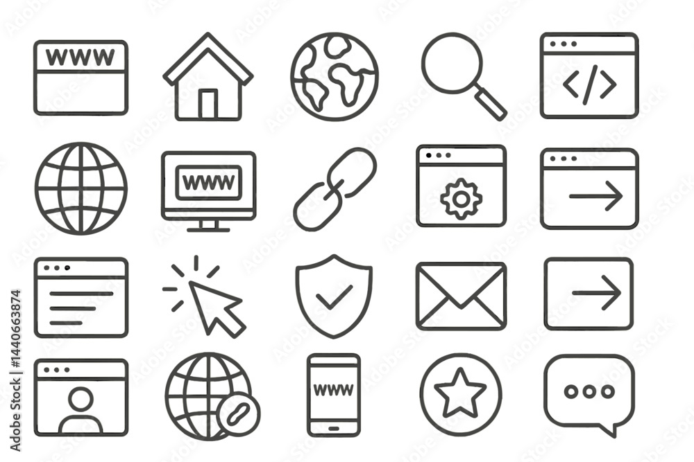 Poster collection of simple website icons illustrating various online activities and elements in black and 