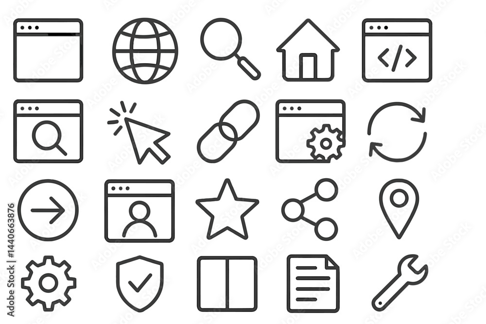 Poster collection of website icons representing various online activities and functions in a minimalist sty