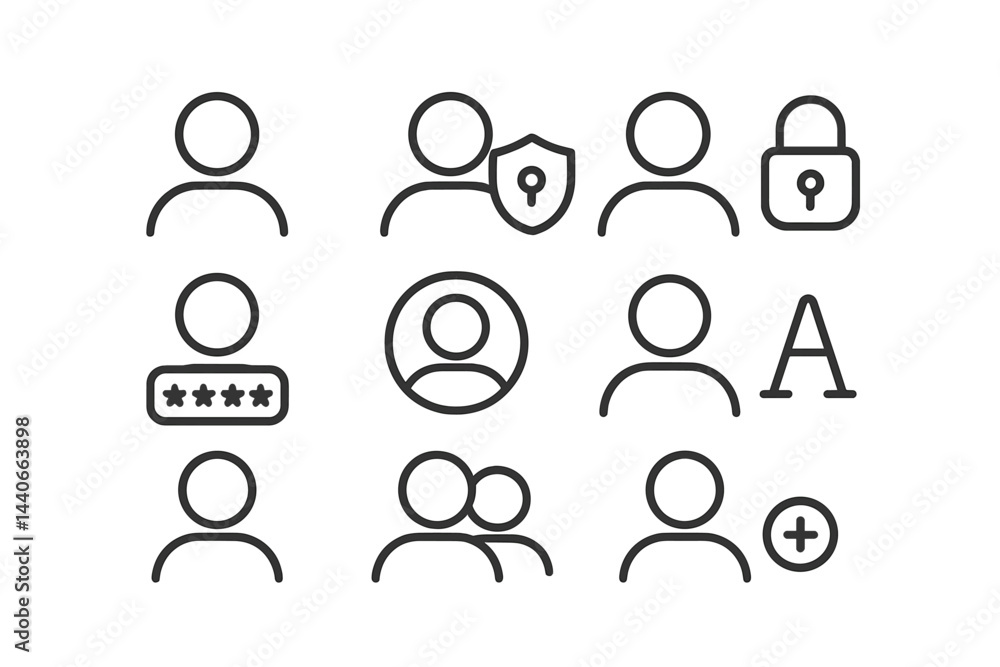 Poster line art icons representing security, user profiles, and data protection concepts for digital platfo