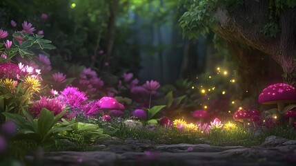 Naklejka premium Enchanting Forest Glade with Colorful Flowers and Glowing Mushrooms Under Soft Light