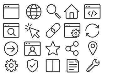 Collection of website icons representing various online activities and functions in a minimalist style