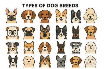 Diverse collection of popular dog breeds illustrated in a colorful and engaging style