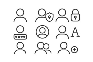 Line art icons representing security, user profiles, and data protection concepts for digital platforms and applications