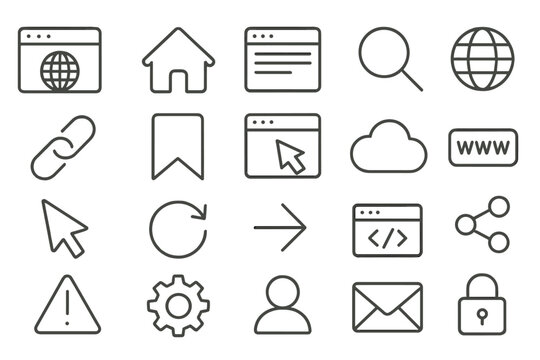 Collection of digital icons representing web navigation and communication elements in a minimalistic design style