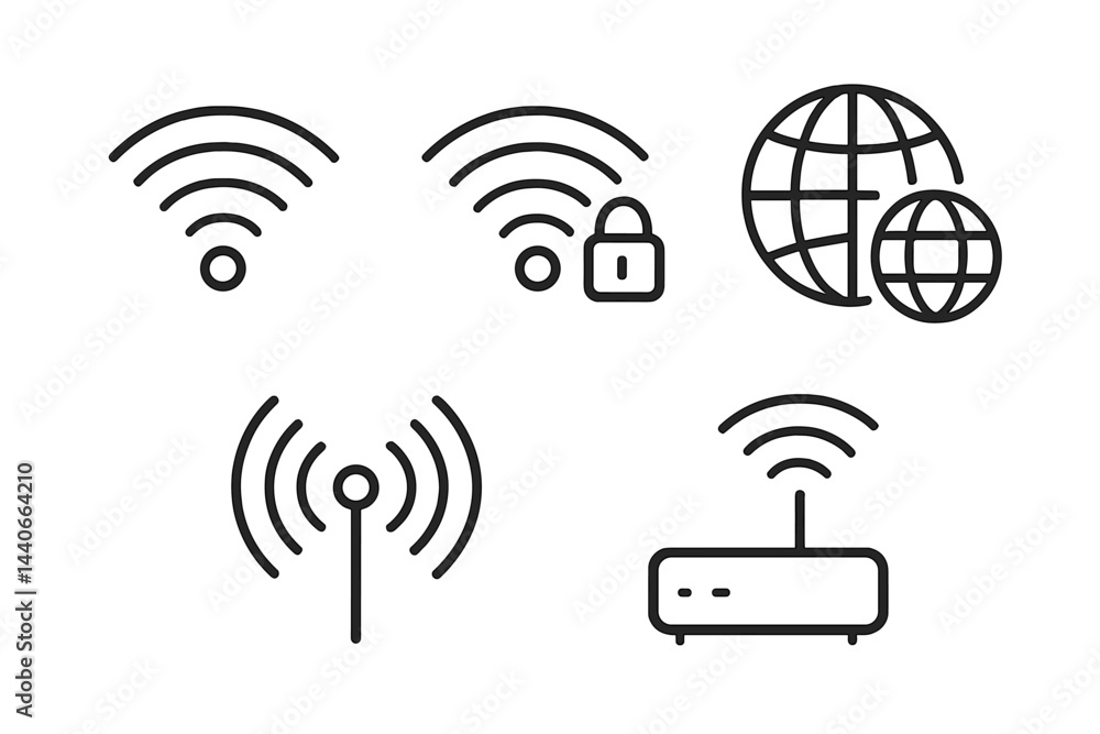 Poster wireless connectivity icons depicting various network types and security features in a digital conte
