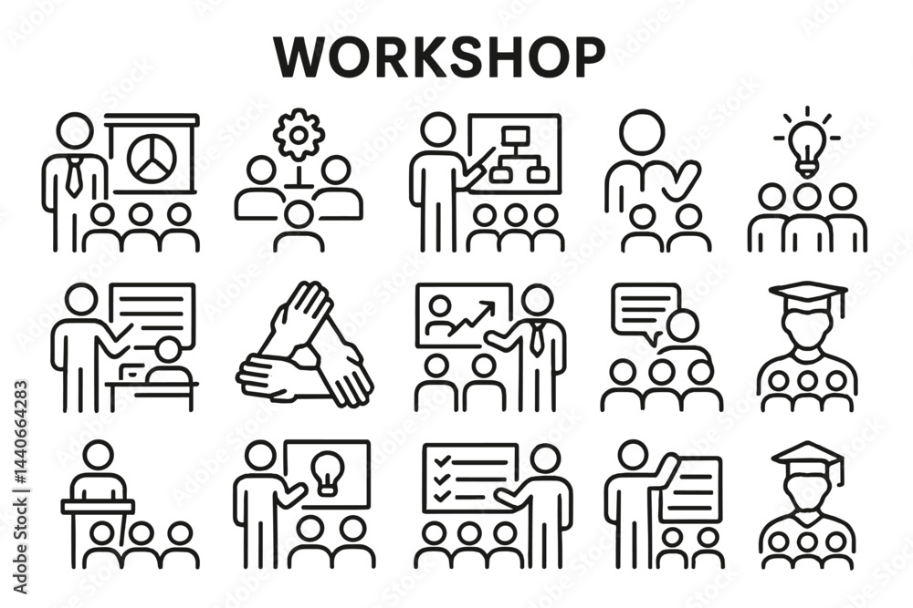 Poster educational workshop with various activities and teamwork focus in a collaborative environment for s