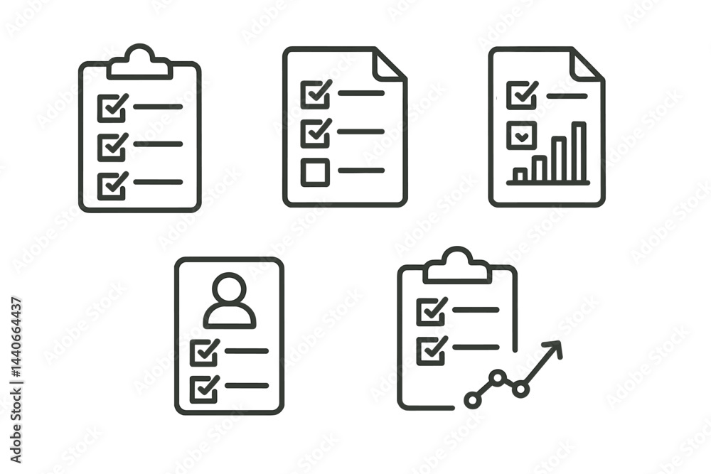 Poster collection of checklists and forms illustrating task organization and data tracking processes in a p