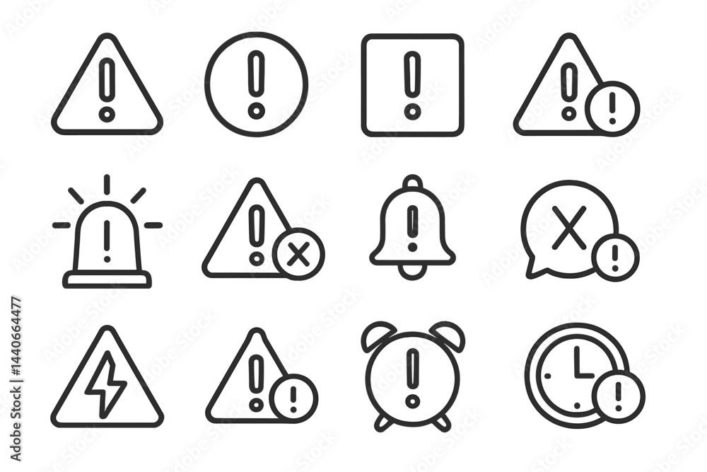 Poster warning signs and symbols representing alerts and notifications in a digital design