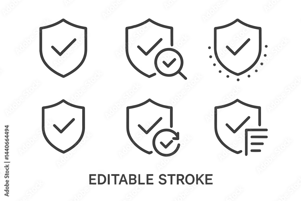 Poster collection of shield icons representing security and verification with editable stroke design elemen