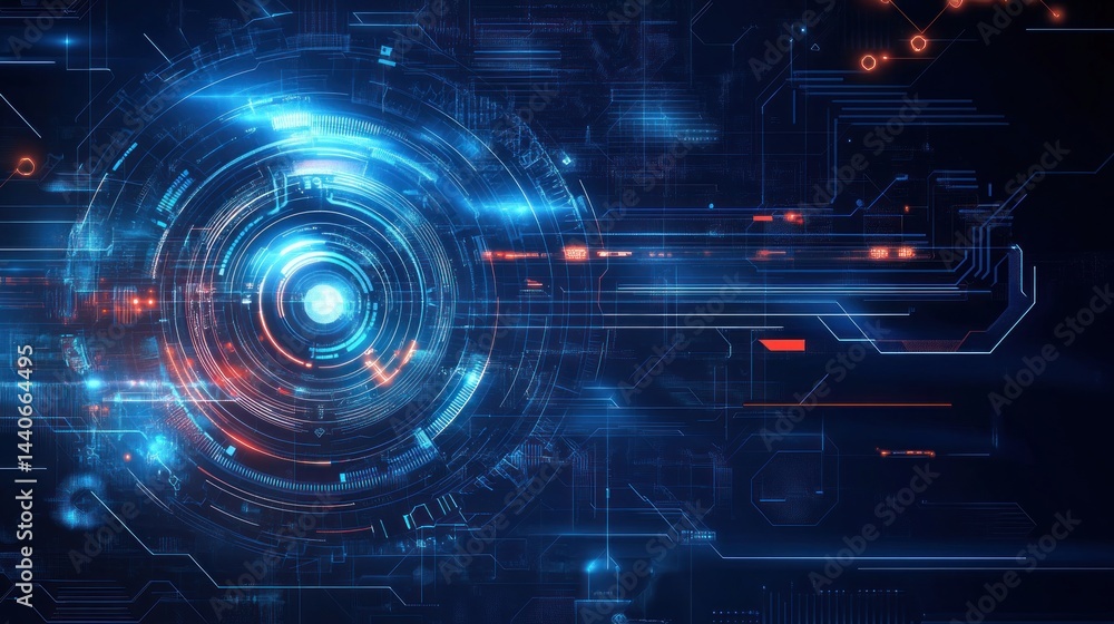 Poster futuristic digital technology interface with glowing circles and circuit board design.