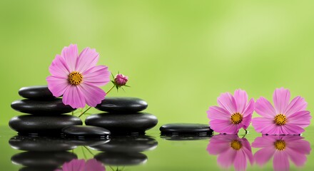 Zen Stones and Pink Flowers Reflecting in Water on Green