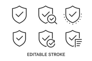 Collection of shield icons representing security and verification with editable stroke design elements