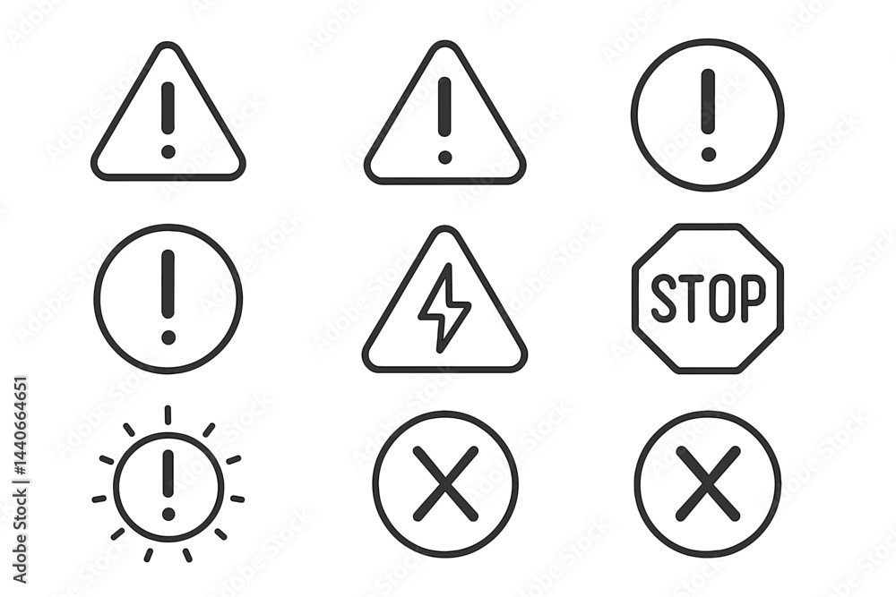 Poster warning symbols displayed on a white background indicating hazards and important alerts in various s