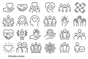 Graphic collection of hand-drawn love and partnership symbols showcasing unity, compassion, and community