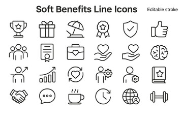 Collection of soft benefits line icons illustrating various concepts for modern work environments and employee wellness initiatives