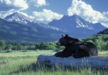 Majestic Black Bear Relaxing on Log in Front of Lush Green Meadow and Majestic Mountain Range with Dramatic Cloudy Sky