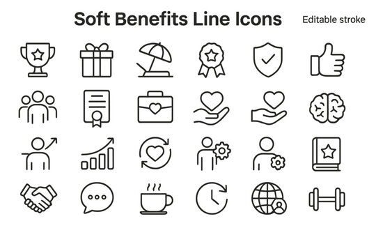Collection of soft benefits line icons illustrating various concepts for modern work environments and employee wellness initiatives
