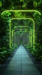 Lush green pathway illuminated by neon lights in a tropical forest setting during twilight