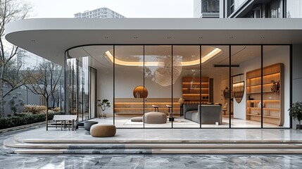 Contemporary shopfront with wide glass windows and a minimalist interior space, soft natural light and neutral color palette 