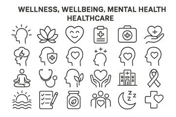 Icons representing wellness, wellbeing, mental health, and healthcare concepts in a simple design