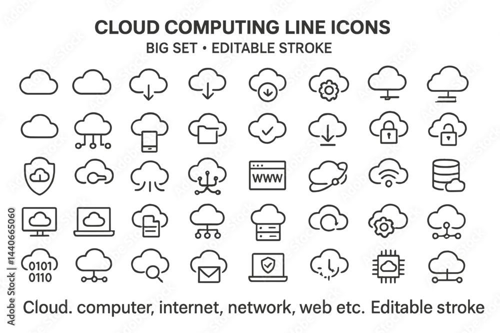 Poster collection of cloud computing line icons showcasing various aspects of technology and internet servi