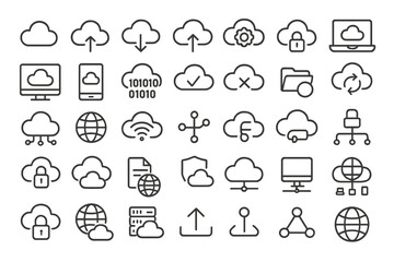 Cloud computing icons representing various functions and services for digital storage and management displayed on a simple background