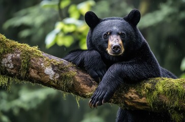 Majestic Black Bear Resting on Mossy Branch in Lush Forest Setting, a Close-Up of a Powerful Wild Animal Captured in Its Natural Habitat