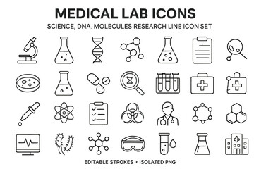 Collection of medical lab icons illustrating science, DNA, and molecules in a clear and modern design