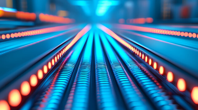 Colorful LED lights form parallel lines in a futuristic, blurred perspective, symbolizing speed, technology, and data transmission.