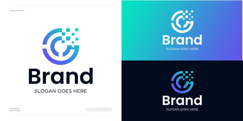 Creative circle Letter C monogram with digital sign logo icon design vector illustration editable, Modern symbol monogram initial alphabet with square pixel for technology, brand identity and business