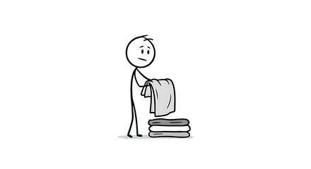 A Stick Figure Folding Laundry: Simple Line Art Illustration of a Person Tidying Clothes
