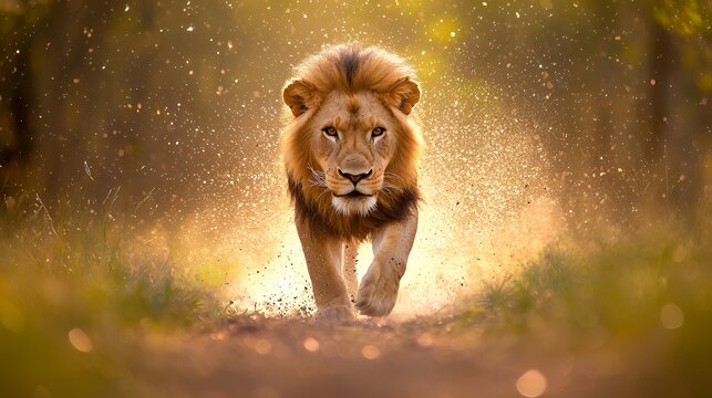 Lion Walking Directly Toward Camera in Nature Environment