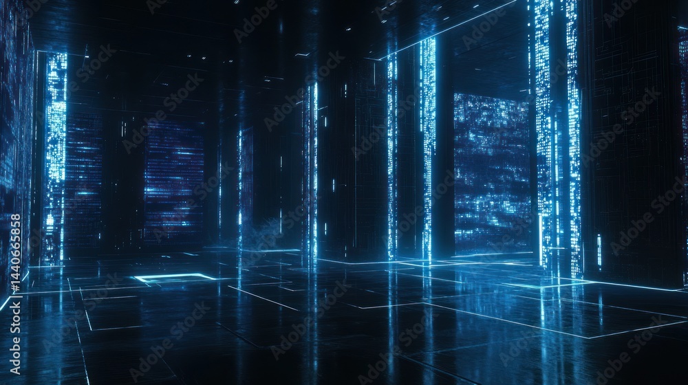 Fototapete futuristic blue digital data center with glowing lines and code.