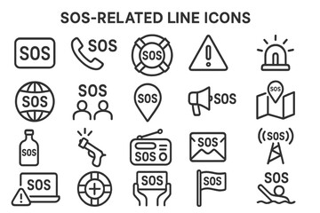SOS-related line icons representing distress signals and emergency communication methods in a simple design