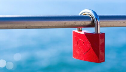 Custom AI ModelRed heart padlock symbolizes love and commitment against a beautiful ocean backdrop. Suitable for romantic and Valentines Day themes.